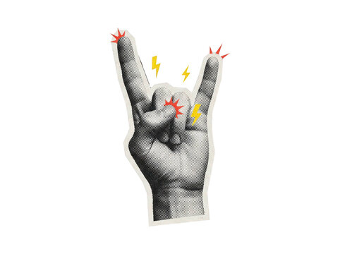 Rock horns hand gesture collage element with halftone pattern and lightning bolts isolated on transparent background