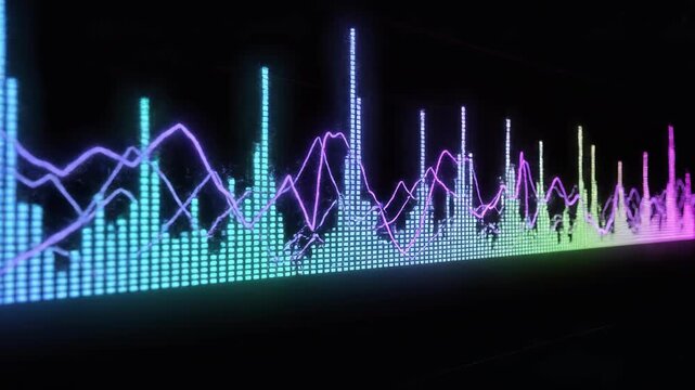Audio waveform visualization in neon blue and pink pulsing with music during a night club party