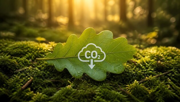 Carbon capture concept with CO2 reduction icon on green oak leaf in sunny mossy forest