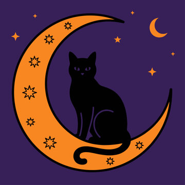 Black cat sitting inside moon vector illustration for Halloween and cute animal concept
