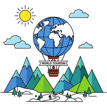 Hot air balloon flying over mountain landscape vector illustration representing travel and tourism