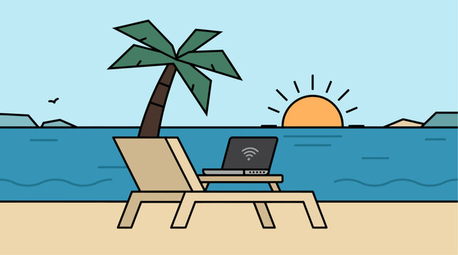 Remote work on the beach vector illustration with laptop and deck chair