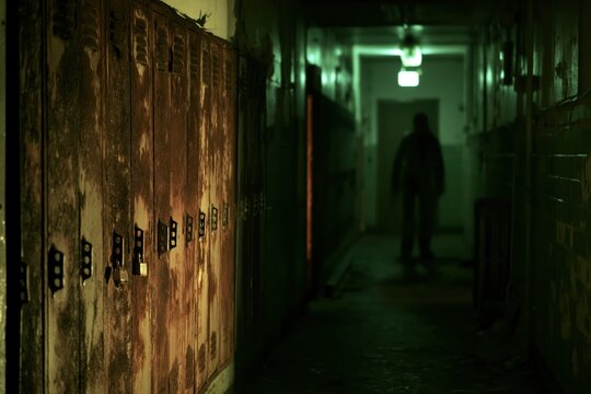 Creepy abandoned school hallway with rusted lockers and a blurred figure