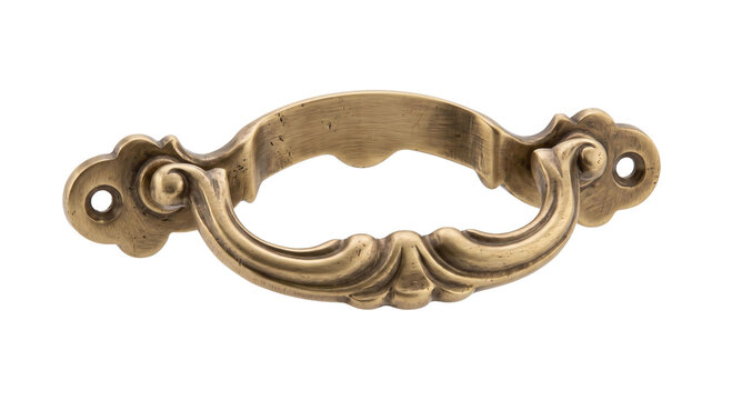 Antique brass drawer pull with ornate scrollwork and vintage patina
