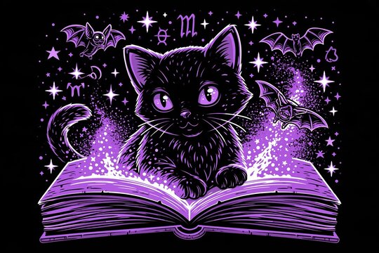 Cute black cat on enchanted book with bats and stars for Halloween