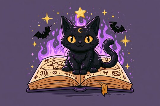 Cute black cat with crescent moon on forehead sits on an open spellbook