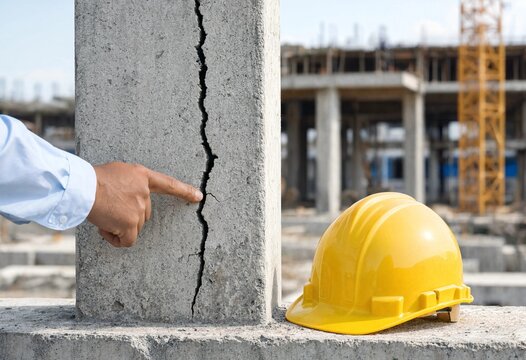 Civil engineer inspecting a deep vertical crack in a reinforced concrete column at a construction site, assessing structural damage, safety risks, stability, and repair needs.