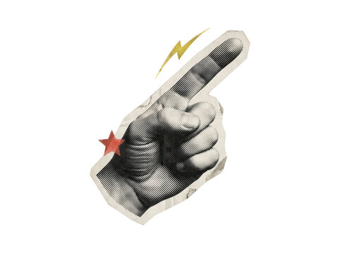 Vintage halftone pointing hand cut out sticker with lightning bolt and star on transparent background