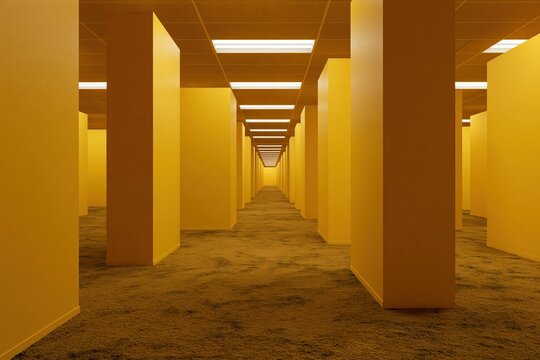 Endless yellow hallway with carpet and fluorescent lights, a disorienting maze