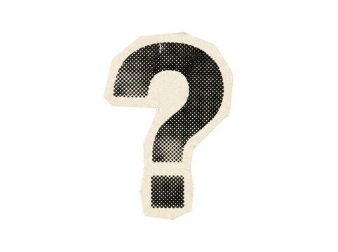 Halftone printed question mark paper cut out symbol isolated on transparent background