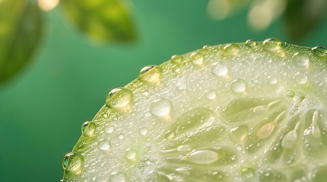 Fresh cucumber slice covered in clear water droplets with green background cucumber texture moist food vegetable slice macro cucumber raw vegetable food photography healthy food cucumber