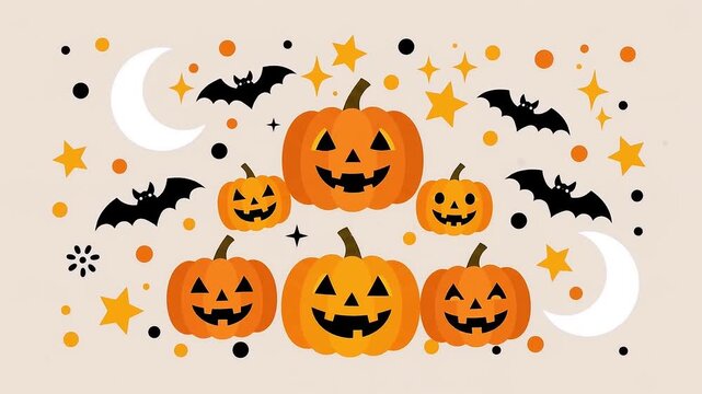 Cute Halloween pumpkins with changing expressions bats and moon flat animation