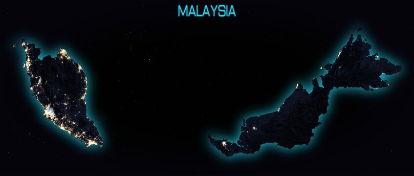 Malaysia at Night Map with City Lights and Neon Glow. Satellite-style terrain illustration in space with title. Elements derived from NASA imagery and NASADEM Dataset.