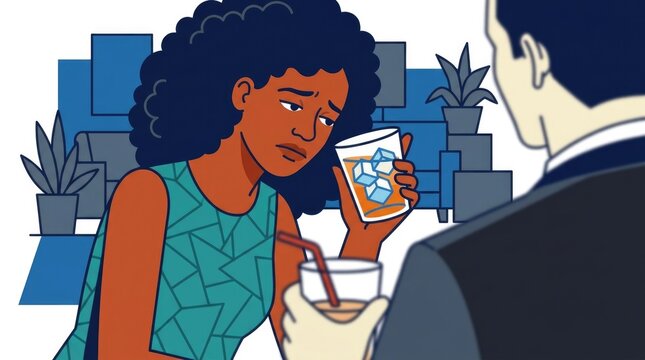 counting ice cubes in a glass during a dull conversation, looking down, cocktail party, small talk, multiethnic characters single scene with character