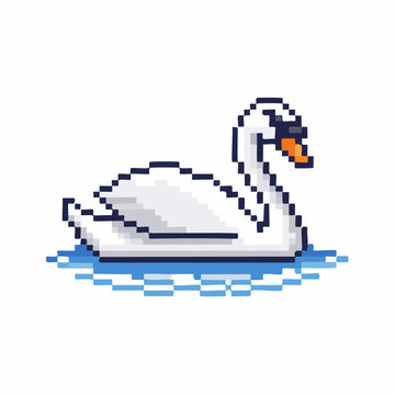 Pixel Art Swan Swimming in Water Retro Game Style Bird Illustration Isolated