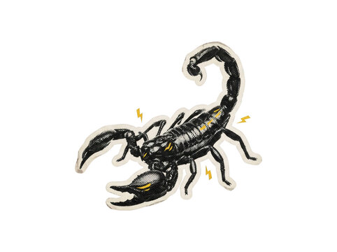 Black scorpion tattoo sticker illustration with yellow lightning bolts on transparent background