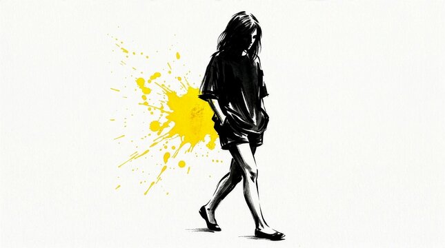Sumi-e style illustration of a walking woman with yellow splash