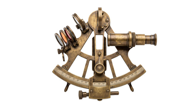 Antique brass sextant with colored filters and telescope for celestial navigation