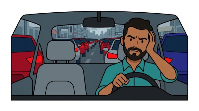 sweating in a car seat while looking at a clock, traffic through window, late for important event, multiethnic characters single scene with character(