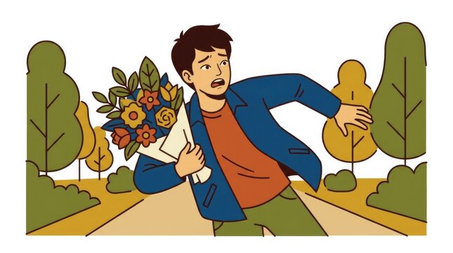 stumbling while jogging with a large bouquet of flowers, park path, late for important event, East Asian young adult character single scene with chara