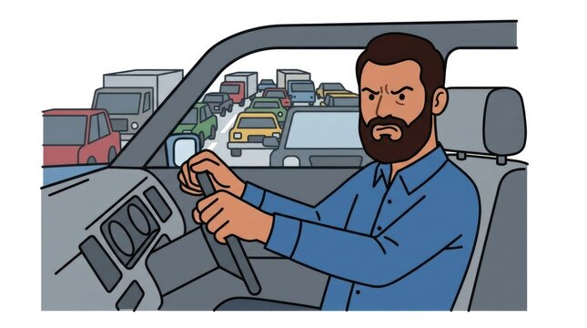 sweating while looking at a car clock, late for work, traffic jam stress, Black young adult character single scene with character(s), natural pose and