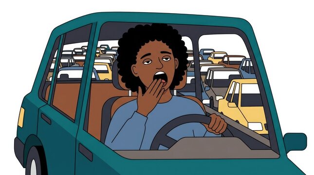 yawning behind a steering wheel, morning traffic jam, diverse adult character single scene with character(s), natural pose and expression, environment