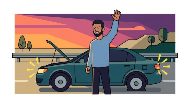 waving for help next to a car with hazard lights on, evening light, car breakdown, Middle Eastern adult character single scene with character(s), natu
