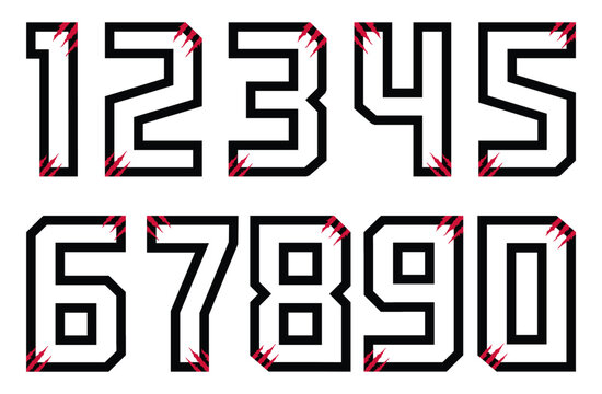 Number set, vector desing logo alphabet .Dynamic, NBA Hornets Buzz City font, black&red outline numbers.