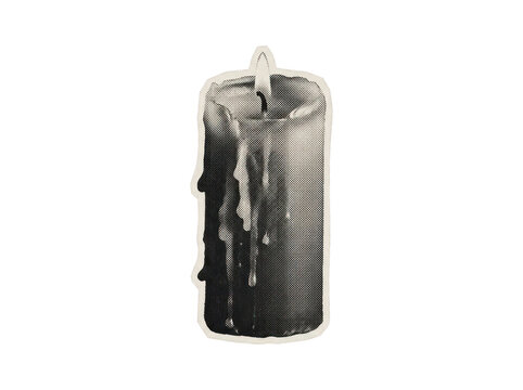 Halftone candle illustration with dripping wax and lit flame on transparent background