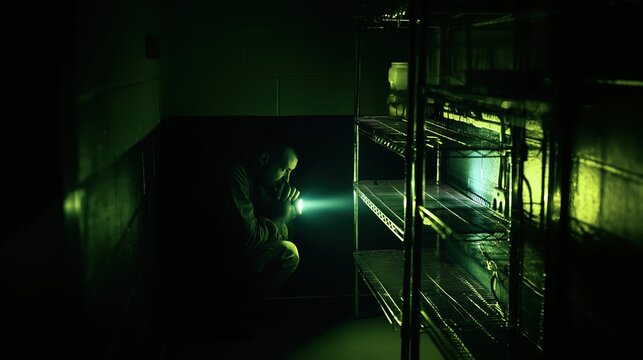 Man with flashlight crouching in dark storage closet with wire shelving