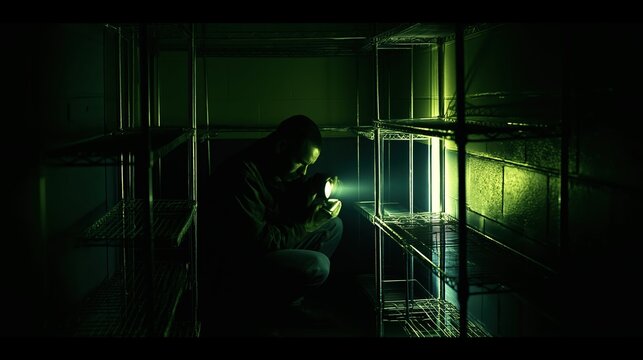 Man crouching in dark storage closet with flashlight, searching shelves