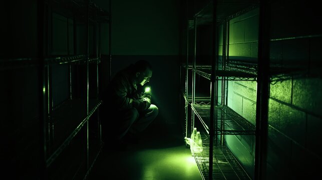 Man crouches in dark closet with flashlight illuminating shelves and bottles
