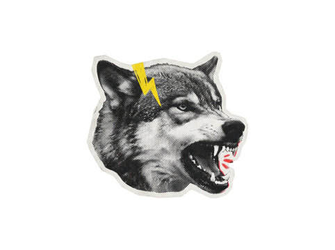 Snarling wolf head sticker illustration with yellow lightning bolt in retro halftone screen print style on transparent background
