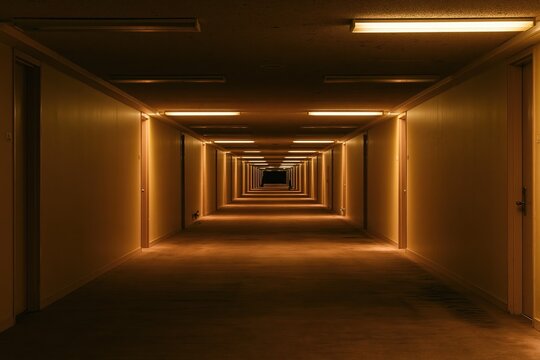 Endless dark hallway with repeating doors and fluorescent lights creating a spooky atmosphere
