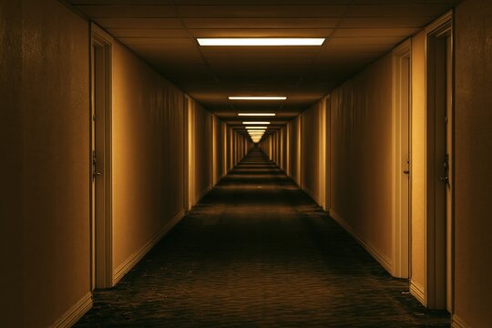 Endless dark hotel hallway with repeating doors and dim lighting