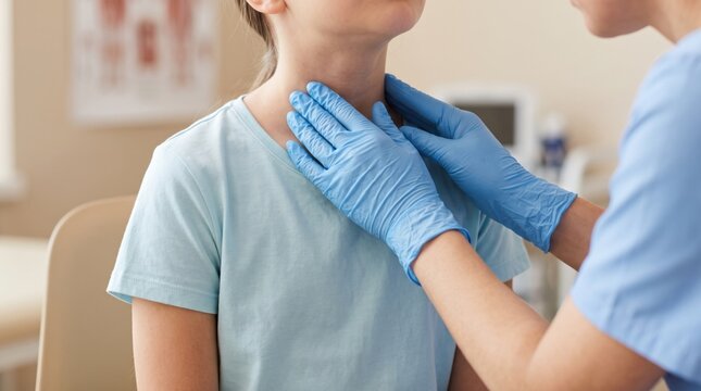 Doctor examining a teenage girl&rsquo;s neck during a medical consultation, focusing on thyroid health, screening, diagnosis, endocrine disorders