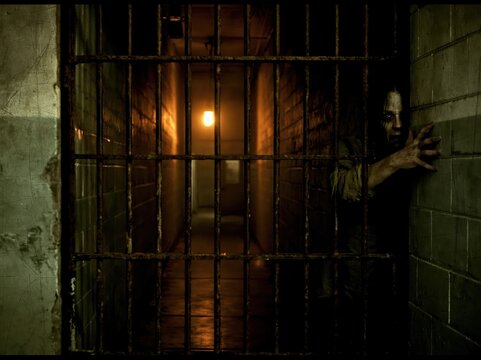 Terrifying prisoner behind rusted bars in a dimly lit prison corridor