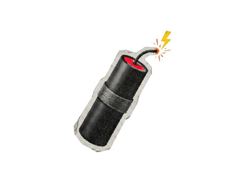 Vintage halftone collage cutout of dynamite stick with burning fuse and spark on transparent background