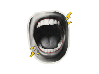 Mouth screaming open wide with halftone dot pattern and yellow lightning bolts isolated on transparent background © creatfive
