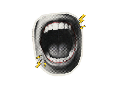 Mouth screaming open wide with halftone dot pattern and yellow lightning bolts isolated on transparent background