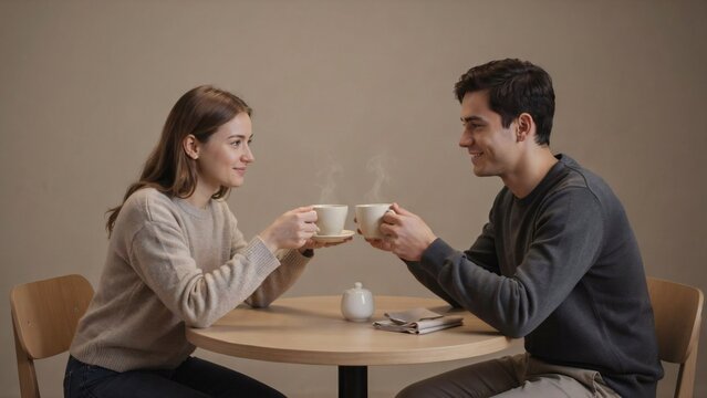 Smiling young couple sharing warm steaming mugs while sitting together at a round wooden table with smiling each other while holding steaming warm mugs studio setting