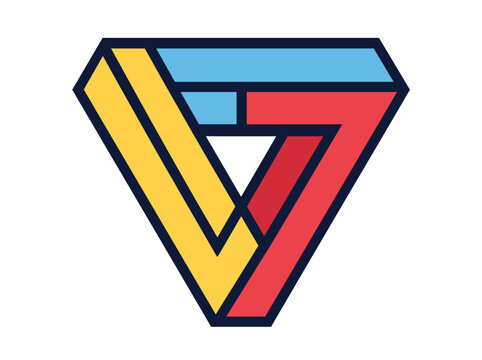Colorful impossible triangle geometric shape icon with blue red and yellow segments