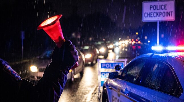 Traffic controller or officer directing night traffic with a glowing red signal light.