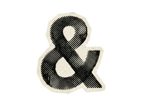 Ampersand symbol sticker with a black halftone raster print texture, isolated on a transparent background