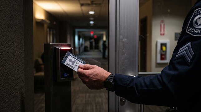 A hand scanning an ID card or access pass at an electronic security card reader near a door