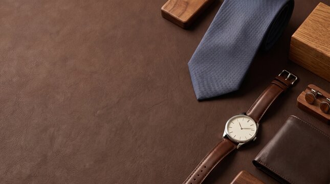 Fathers day flat lay with men accessories tie wristwatch wallet and cufflinks framing a leather background with copy space