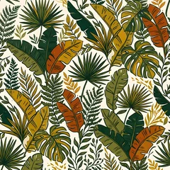 Tropical Jungle Seamless Pattern with Banana Leaves, Monstera, Palm, and Fern Background © Thipphavan