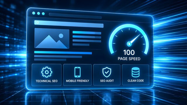 Website technical SEO audit dashboard with glowing page speed interface representing digital marketing optimization