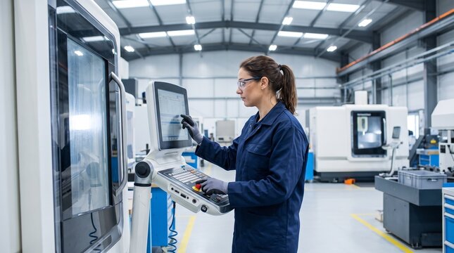 Female technician operating CNC machine control panel in modern industrial manufacturing factory plant
