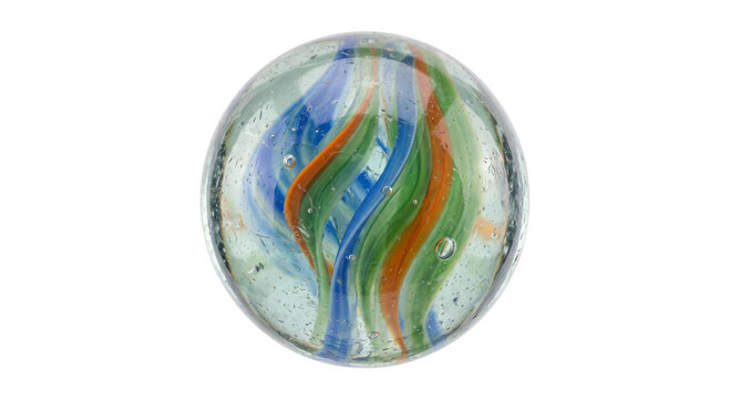 Close-up of a swirling glass marble with blue, green, and orange stripes and air bubbles